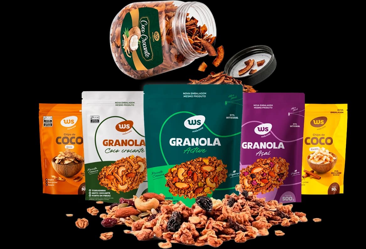 Granolas e chips de coco com os seus ingredientes